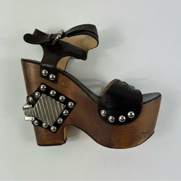 Rare Roberto Cavalli Brown Leather Embellished Buckle Detail Wedge - Picture 7 of 15